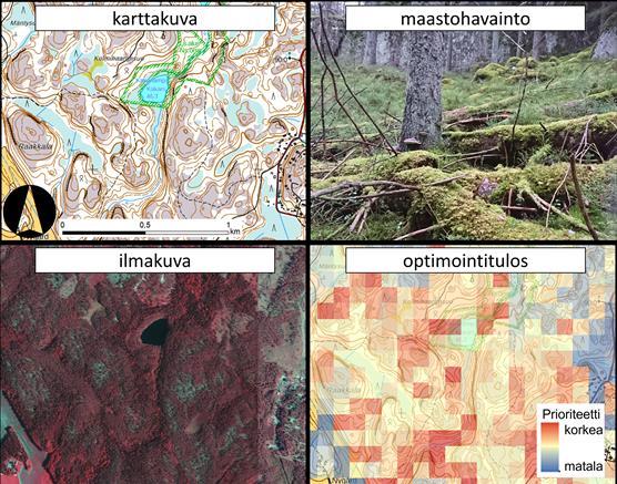 Optimoinnin havainnollistaminen kuvina: karttakuva, maastohavainnot, ilmakuva ja optimointitulos